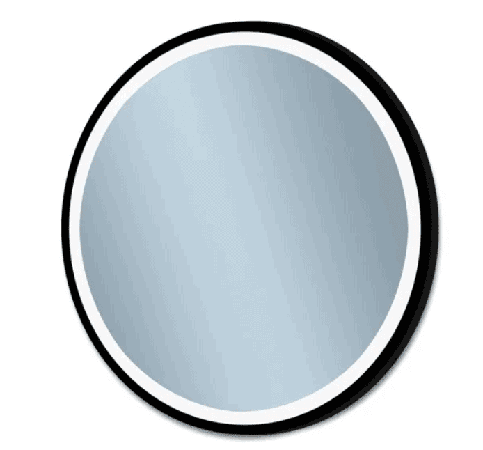 Lustro-Ring-LED.png to okrągłe, montowane na ścianie lustro z czarną ramą Rama i białą ramką wewnętrzną, odbijające pustą jasnoniebieską powierzchnię i wyświetlane na zwykłym białym tle.