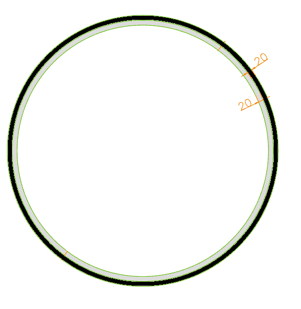 Duży okrąg z czarnymi konturami reprezentujący diodę LED pierścienia ma cienki zielony kontur wewnętrzny. Dwie pomarańczowe linie oznaczone 20 pokazują zmierzoną odległość wzdłuż krawędzi, przypominając segmenty obwodu wykresu Rama.