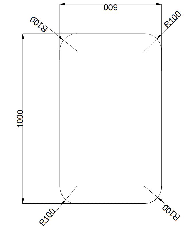 Rysunek techniczny ark.png: prostokąt o szerokości 600 mm, wysokości 1000 mm i zaokrąglonych rogach (promień 100 mm). Wszystkie wymiary i promienie są wyraźnie oznaczone.