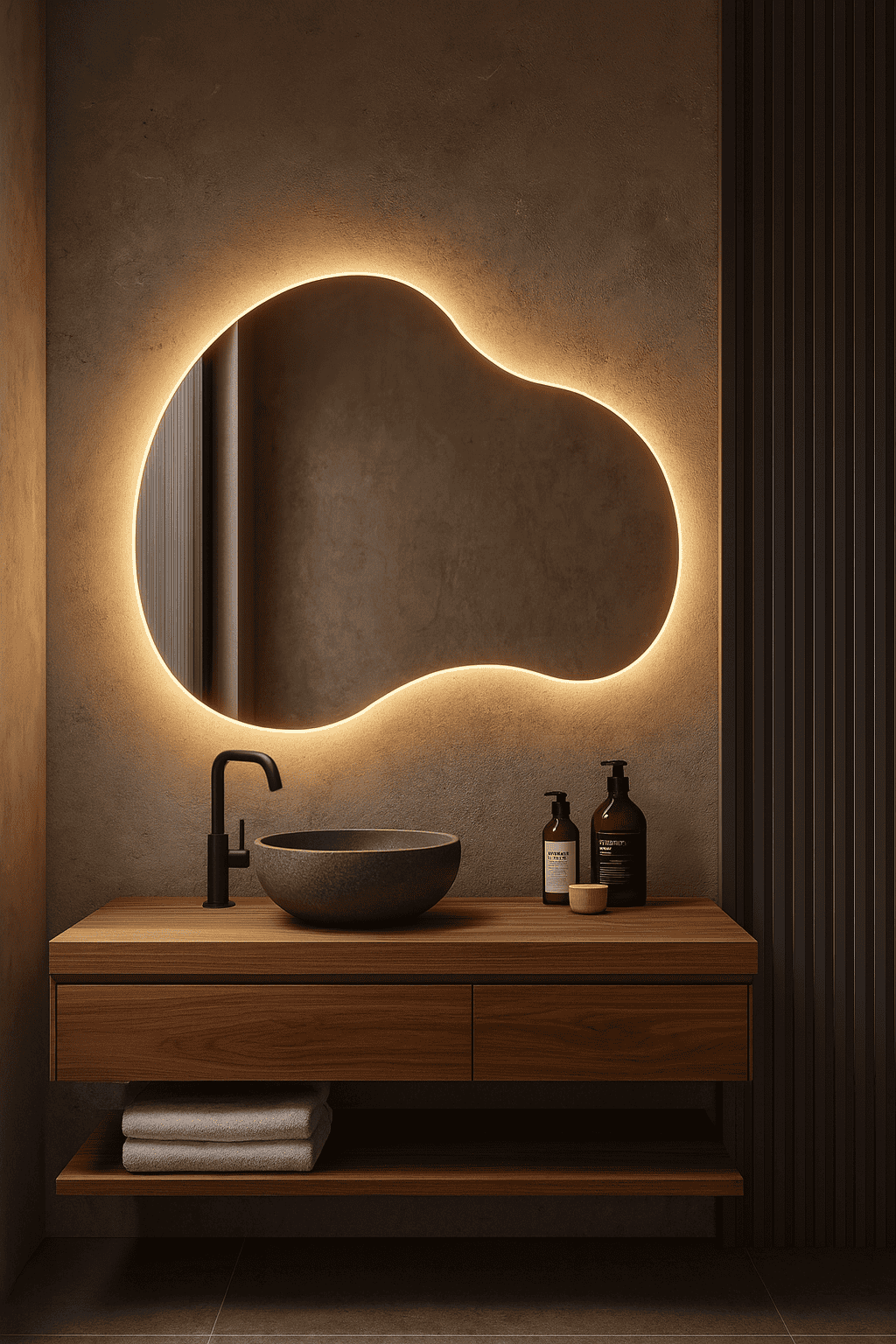 Nowoczesna łazienka z drewnianą toaletką, okrągłą kamienną umywalką, czarną baterią i butelkami. Powyżej znajduje się lustro LED w kształcie chmury, rzucające ciepły blask na teksturowaną ścianę. Złożone ręczniki są starannie przechowywane na półce poniżej.