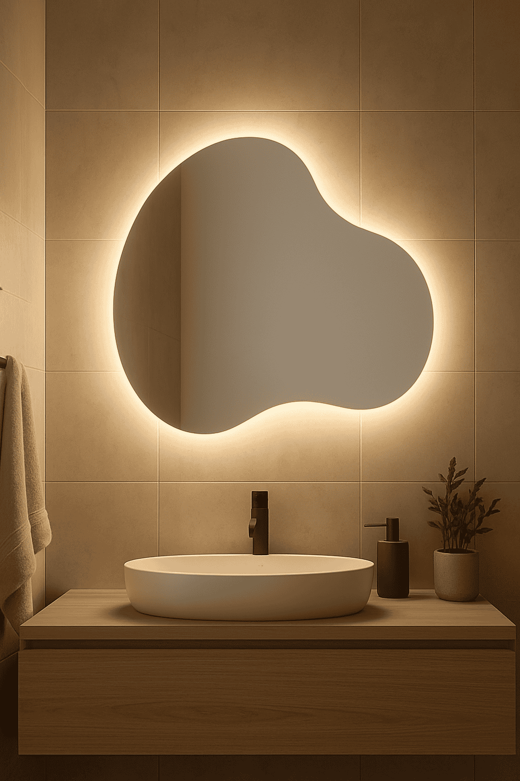 W nowoczesnej łazience znajduje się pływająca drewniana toaletka z białą umywalką, czarną baterią, dekoracyjną rośliną i nieregularnym lustrem LED Cloud3 z podświetleniem zamontowanym na beżowych ścianach wyłożonych kafelkami.