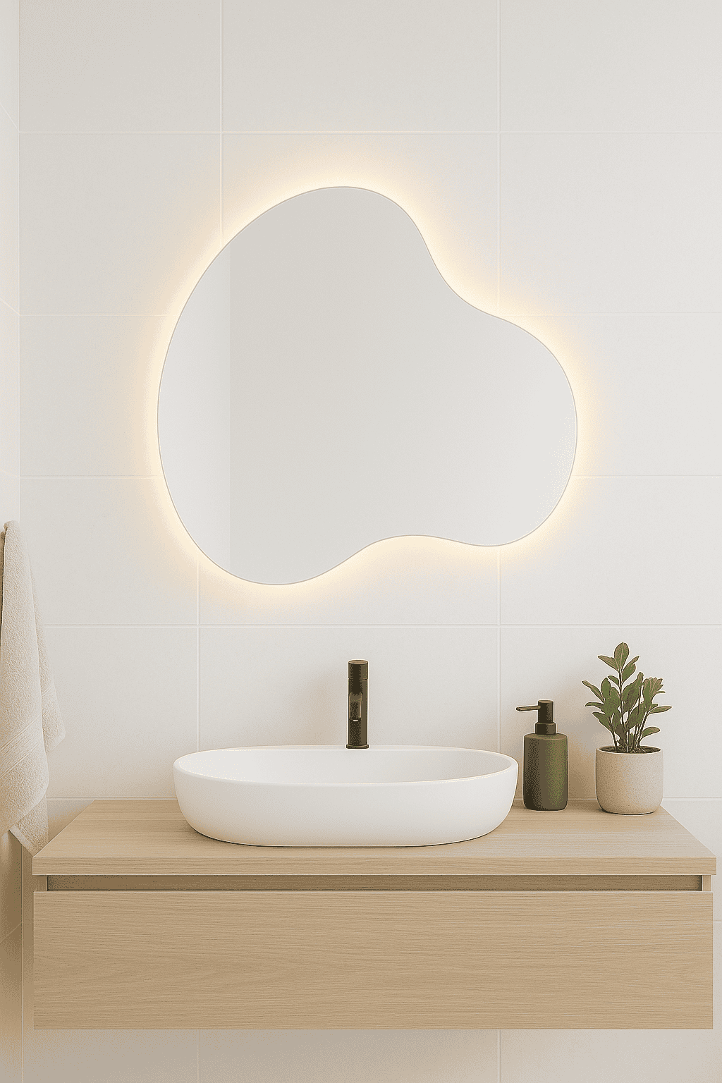 Nowoczesna łazienka wyposażona jest w drewnianą pływającą toaletkę, owalną białą umywalkę, czarną baterię i lustro LED Cloud4 z delikatnym podświetleniem. Na blacie znajdują się przybory toaletowe i mała roślina doniczkowa, a na podłodze widoczne są białe płytki i ręcznik.