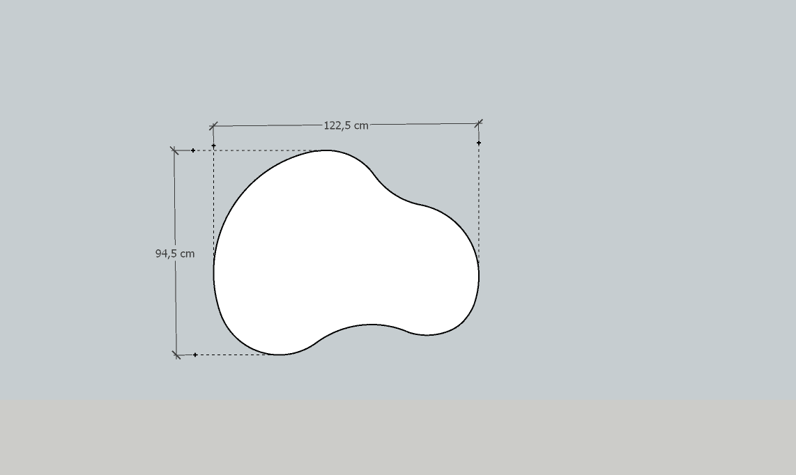 Cloud_120_wymiar ma biały, nieregularny kształt Lustro Cloud LED na szarym tle, z oznaczonymi wymiarami: szerokość 122,5 cm i wysokość 94,5 cm pokazane za pomocą podwójnych strzałek.