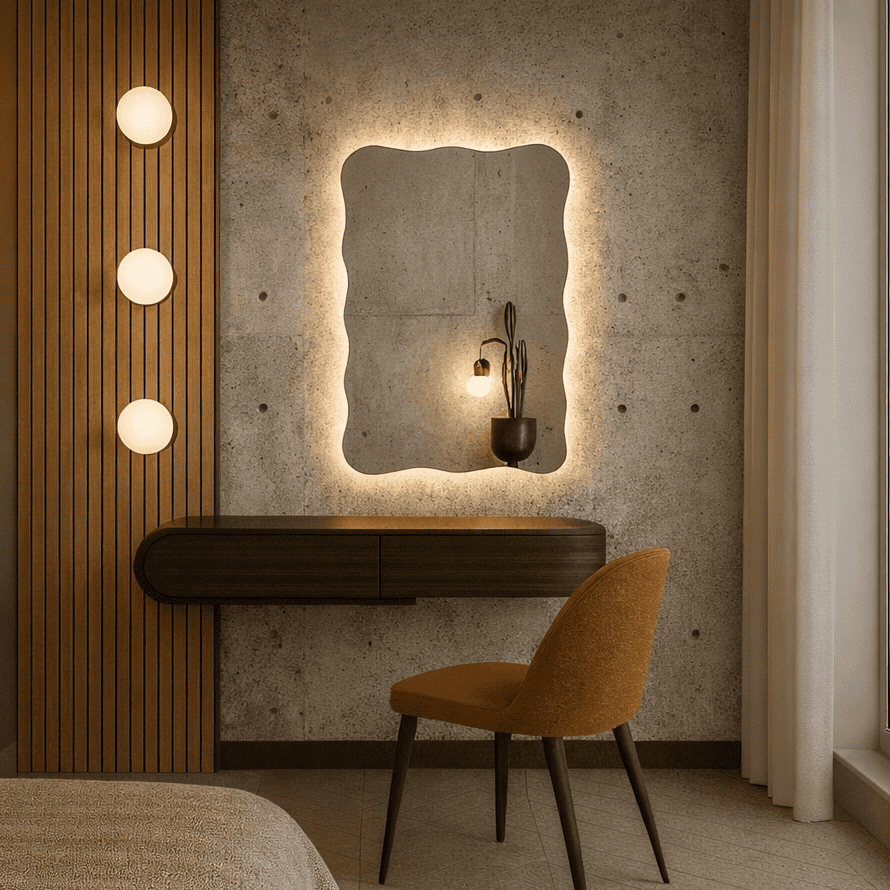 Nowoczesna falowane prezentuje zakrzywione lustro nieregularne LED Wave z ciepłym podświetleniem, pływające biurko z ciemnego drewna, pomarańczowe krzesło, pionowe drewniane panele, trzy okrągłe lampy ścienne i duże okno z przezroczystymi zasłonami.