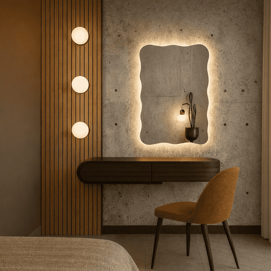 Nowoczesna, minimalistyczna toaletka z podświetlanym lustrem Lustro LED Wave o falistych krawędziach, pływającym biurkiem z ciemnego drewna, brązowym tapicerowanym krzesłem, trzema okrągłymi kinkietami i czarnym wazonem z gałęziami na tle betonowej ściany.
