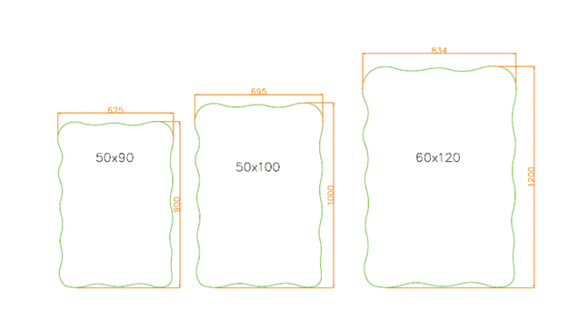 Trzy prostokąty z falistymi krawędziami ilustrują styl lustro Wave. rysunek. Pomarańczowe linie wymiarowe i liczby wskazują rozmiary 50x90, 50x100 i 60x120, z szerokością powyżej i wysokością obok każdego prostokąta.